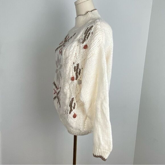 Vtg Handmade Cable Knit Chunky Sweater Cream Womens L CottageCore Western Boho - Picture 6 of 10